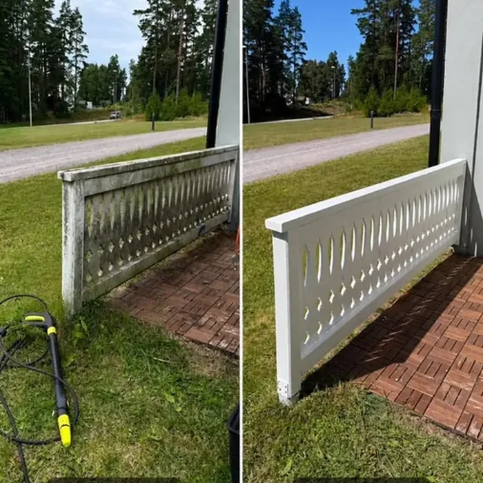Före och efter: ett trästaket som rengjorts med högtryckstvätt och målats vitt.