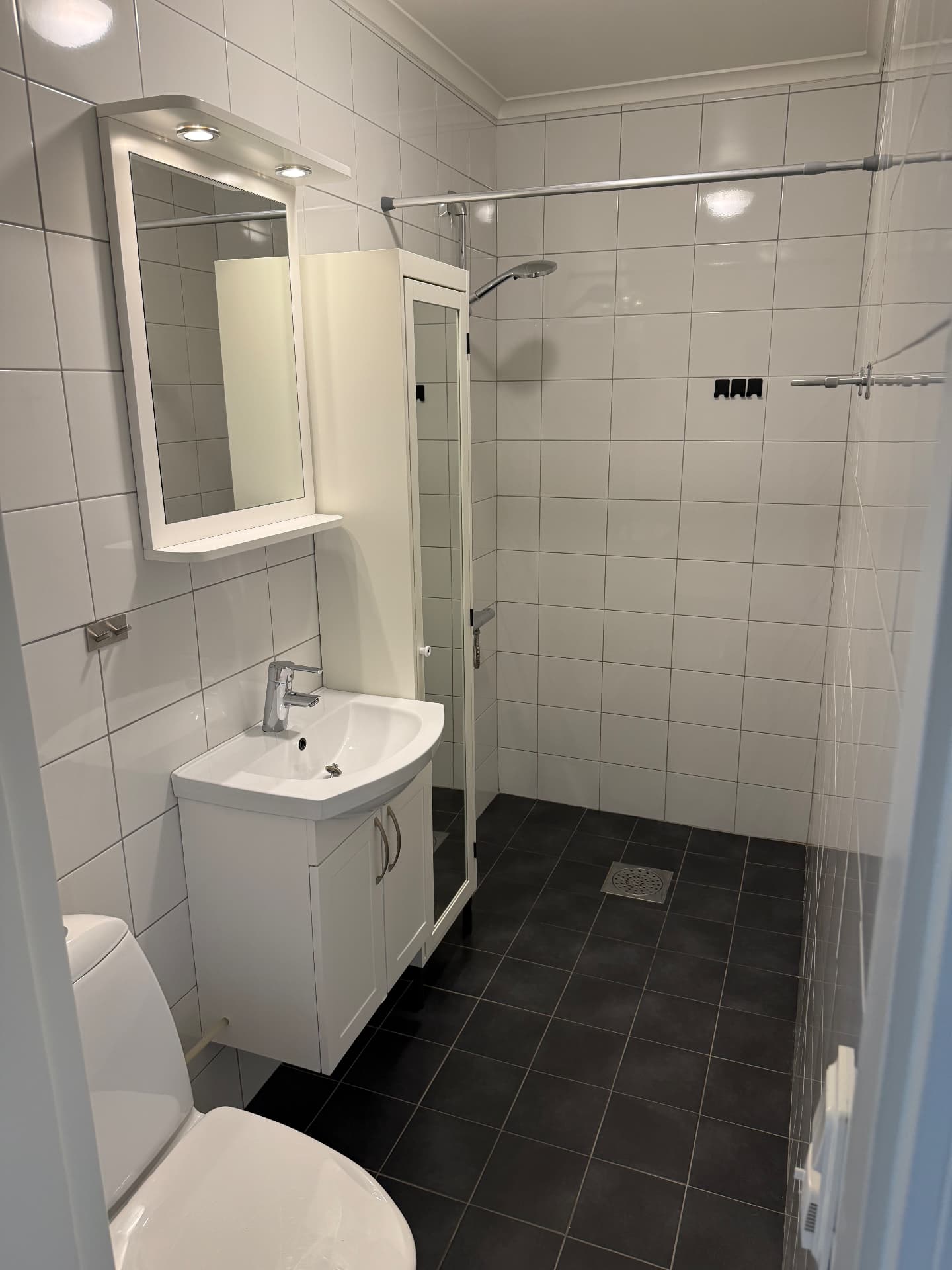 Renoverat badrum med dusch och tvättställ